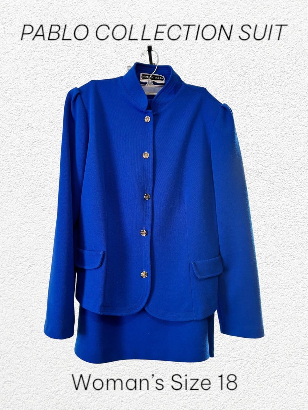 Vintage Pablo Collection Blue Wool Blend Skirt Suit Size 18 Made in USA